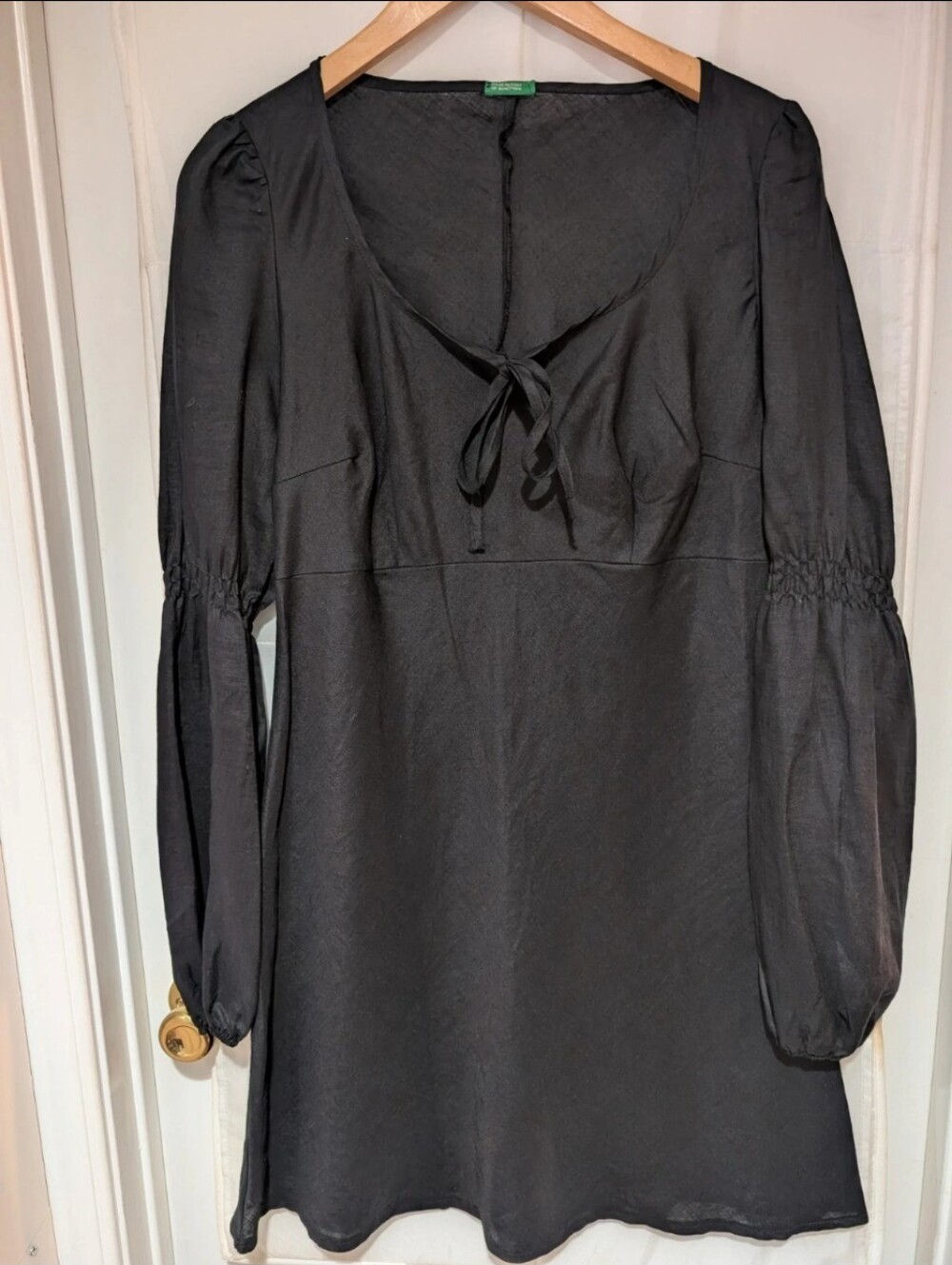United Colors of Benetton Black Peasant Mini Dress Long Sleeve Tie Front